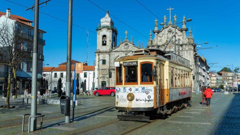 A tram in the city center of Porto