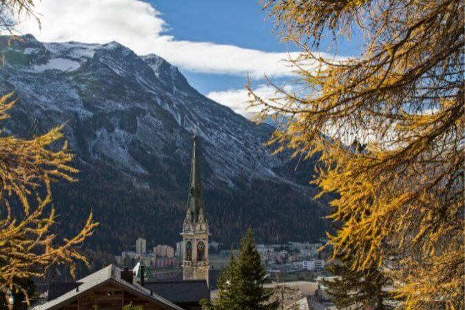 Beautiful autumn forest that is meant for hiking near the city of Saint Moritz