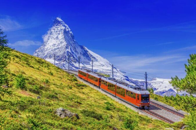 Gornergrat train offering stunning views of the Matterhorn mountain peak.