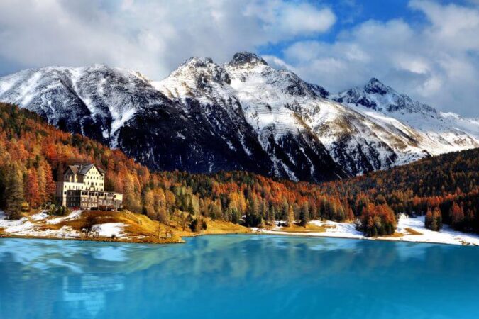 A stunning mountain lake near Saint Moritz, perfect for a hike.